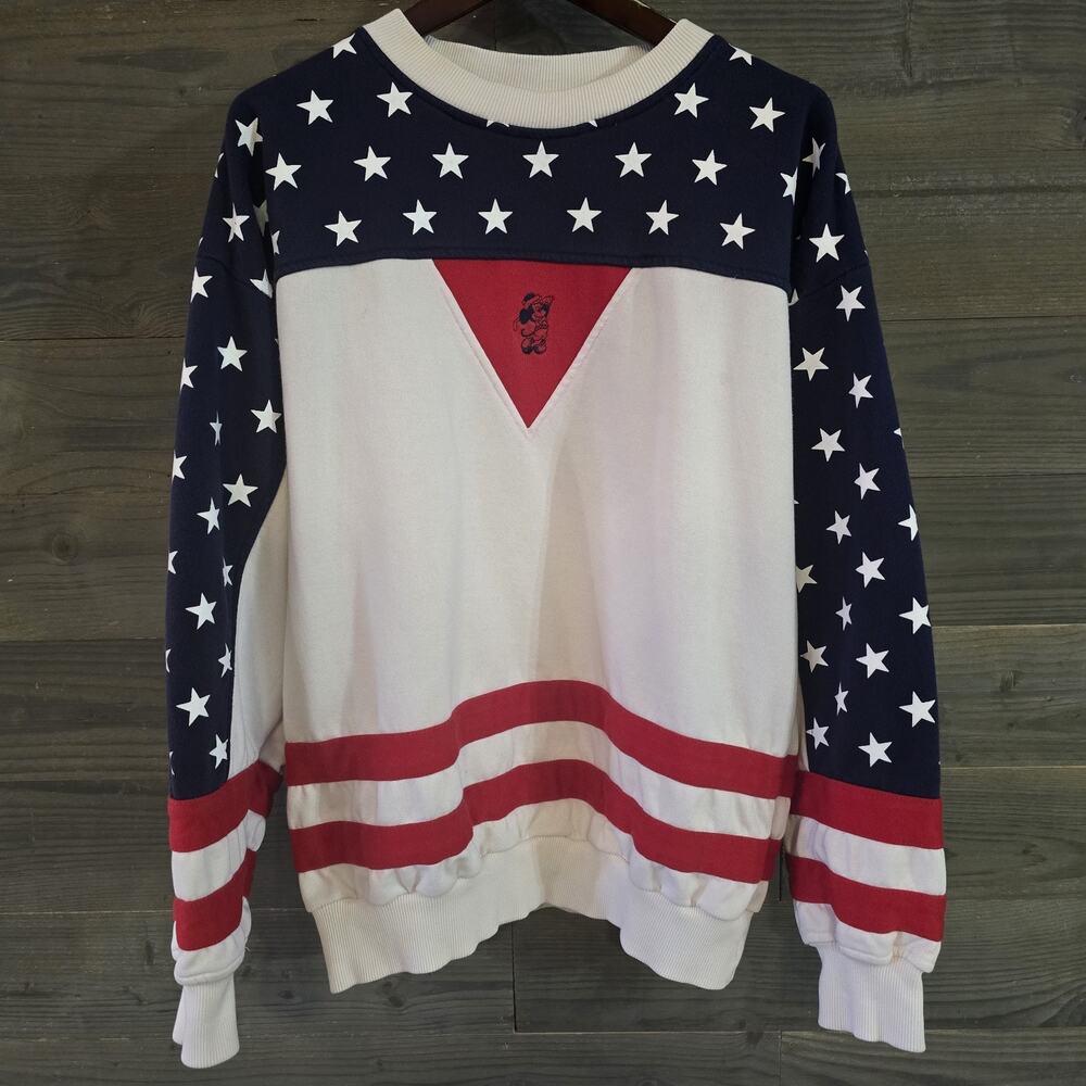 Vintage Disney Mickey Mouse Americana USA Stars Stripes Sweatshirt Large Antigua